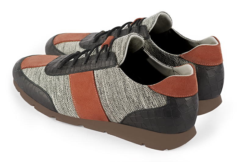 Satin black, ash grey and terracotta orange two-tone dress sneakers for men. Round toe. Flat rubber soles. Rear view - Florence KOOIJMAN